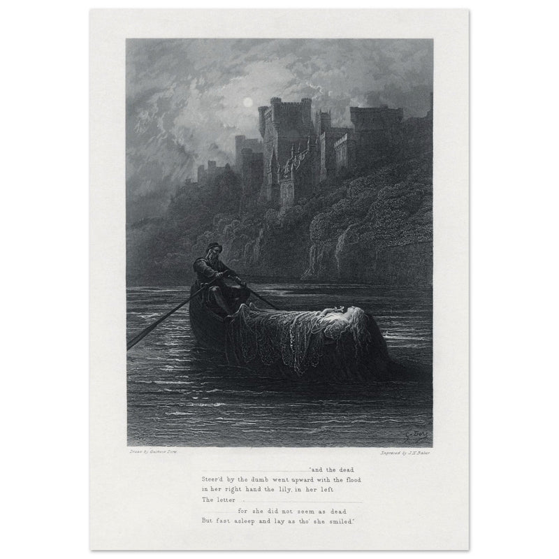 Gustave Dore illustration .The Body of Elaine on its way to King Arthur's Palace. Idylls of the King by Alfred Tennyson.