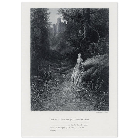 Gustave Dore illustration of King Arthur legend .Elaine on her Road to the Cave of Lancelot. book Idylls of the King by Alfred Tennyson