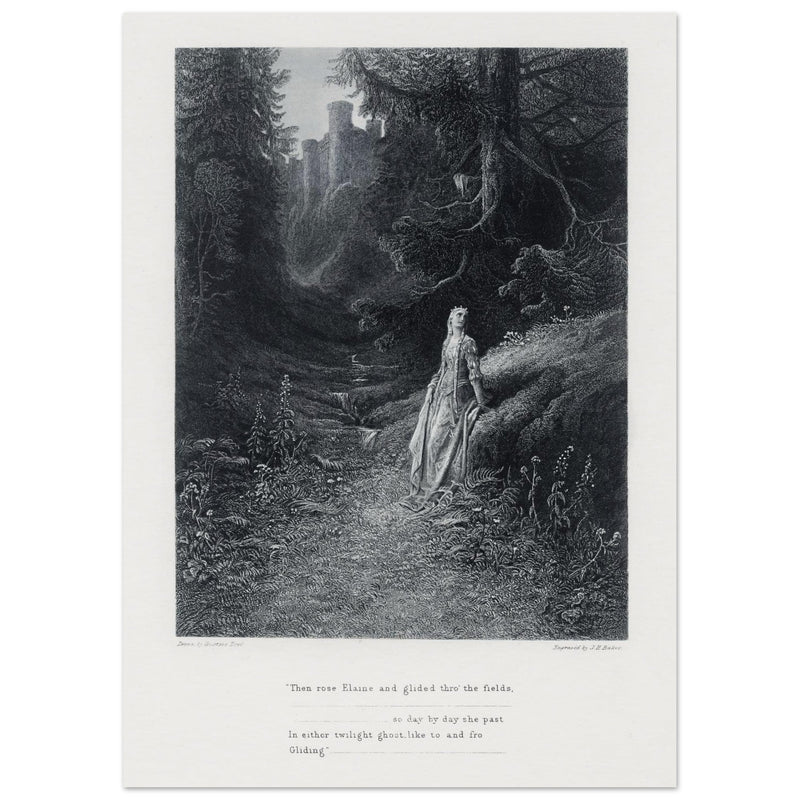 Gustave Dore illustration of King Arthur legend .Elaine on her Road to the Cave of Lancelot. book Idylls of the King by Alfred Tennyson