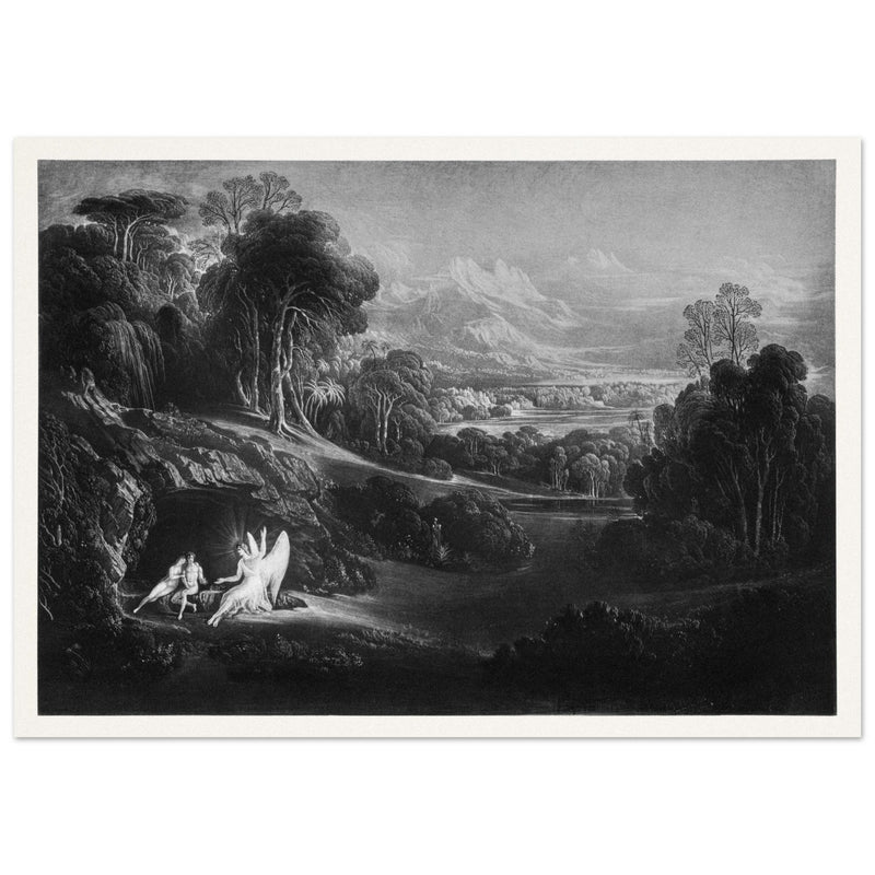 John Martin Paradise Lost vintage mezzoting engraving . Raphael Conversing with Adam and Eve .