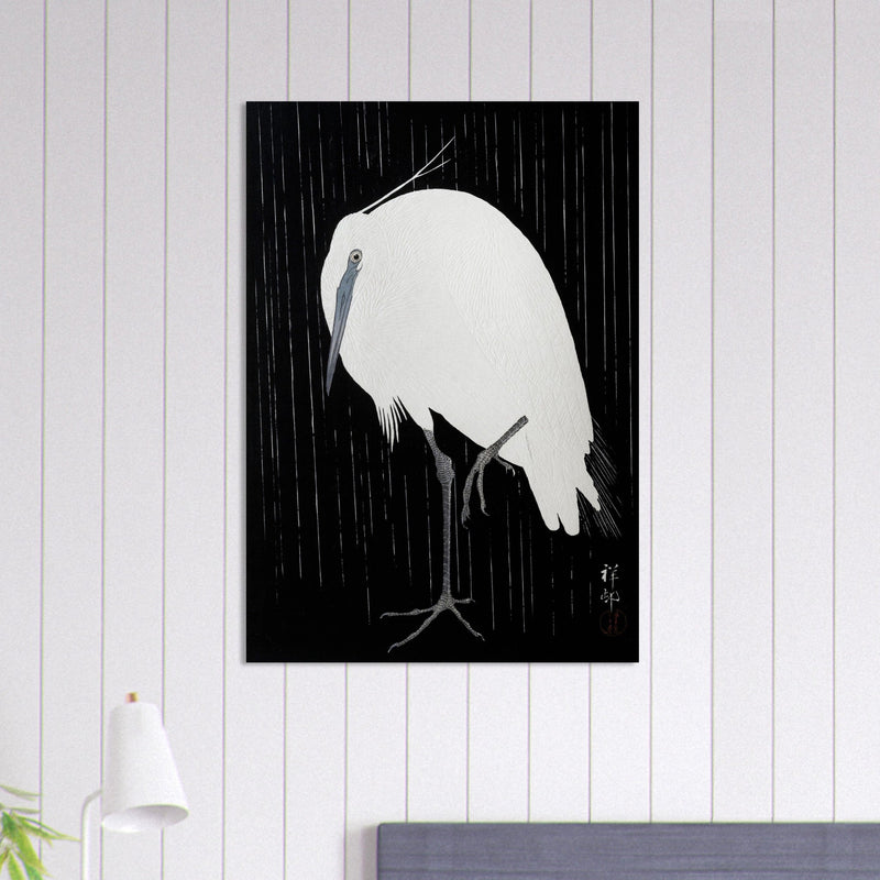 Egret in the rain by Ohara Koson woodblock print