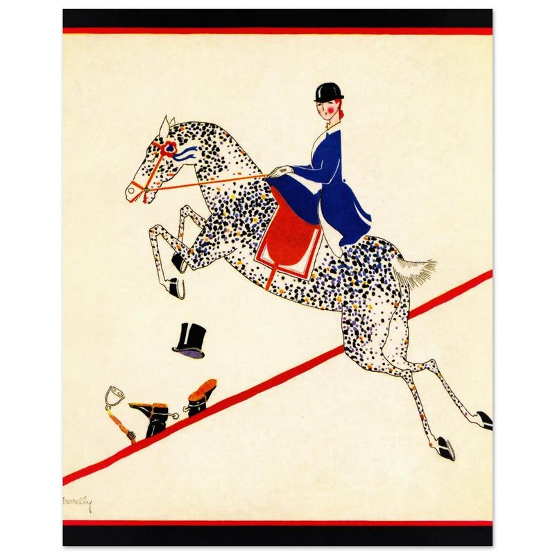 Aline Farrelly illustration for vintage fashion magazine cover woman on horse jumps over fence.