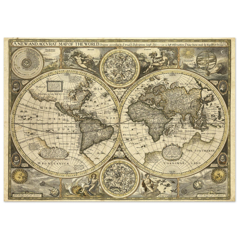 Old World map 1626. John Speed famous double hemisphere cartography with beautiful illustrations.