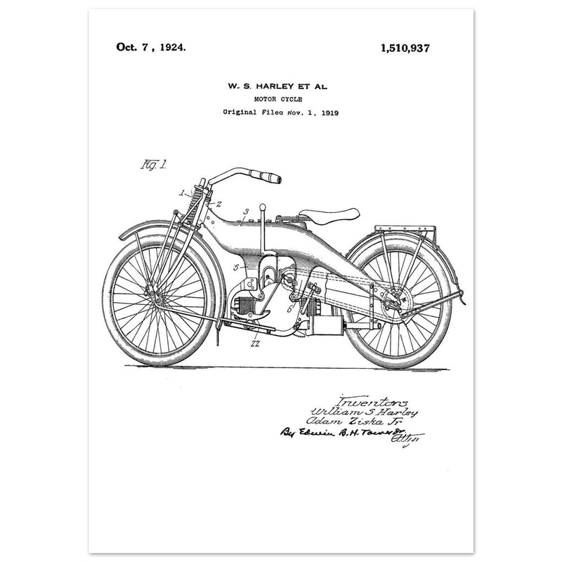 Vintage motorcycle patent by William S Harley founder of harley davidson.