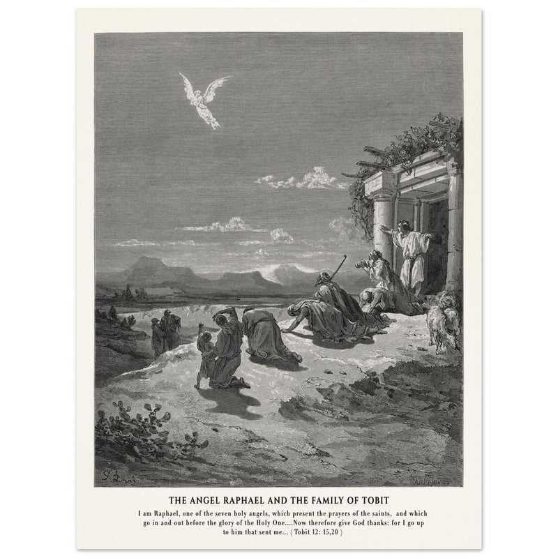 Gustave Dore The Bible engraving print . The angel Raphael and the family of Tobit.