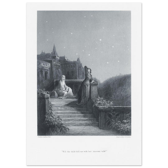 Gustave Dore illustration of King Arthur legend . Terrace scene with Guinevere. From the book Idylls of the King by Alfred Tennyson.