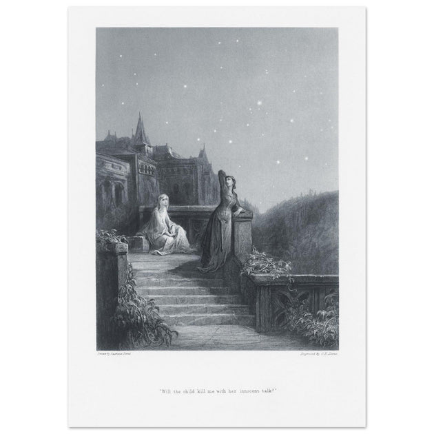 Gustave Dore illustration of King Arthur legend . Terrace scene with Guinevere. From the book Idylls of the King by Alfred Tennyson.