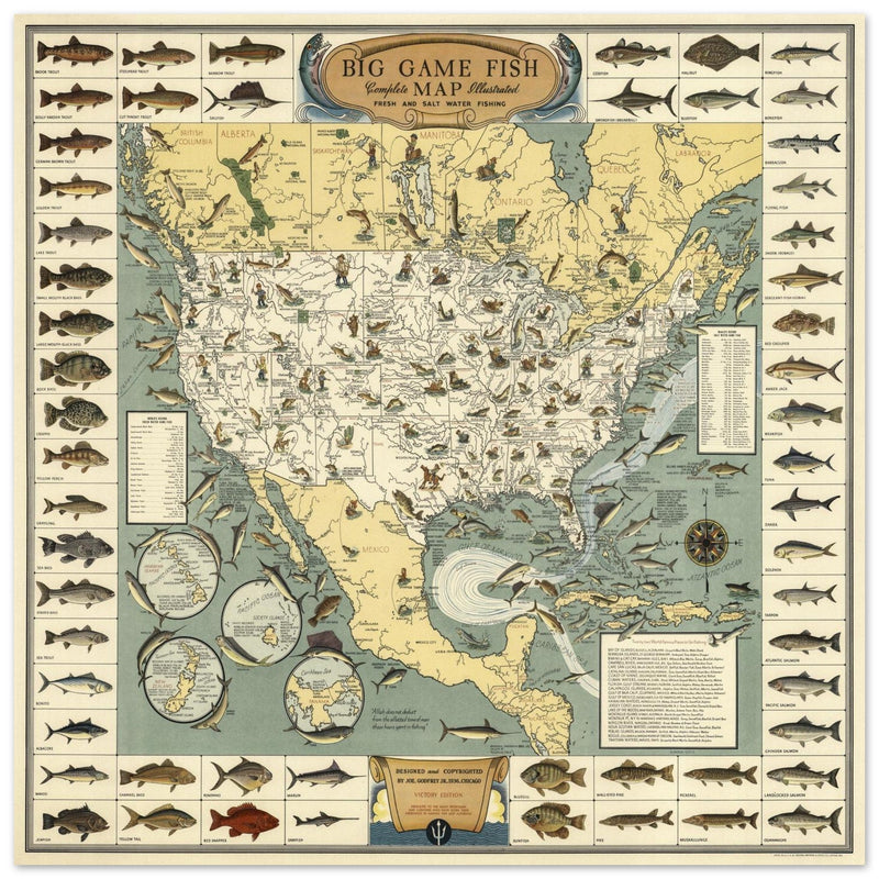 Fresh and Salt Water Big Game Fishing illustrated vintage map by Joe Godfrey Jr and Gordon Ertz