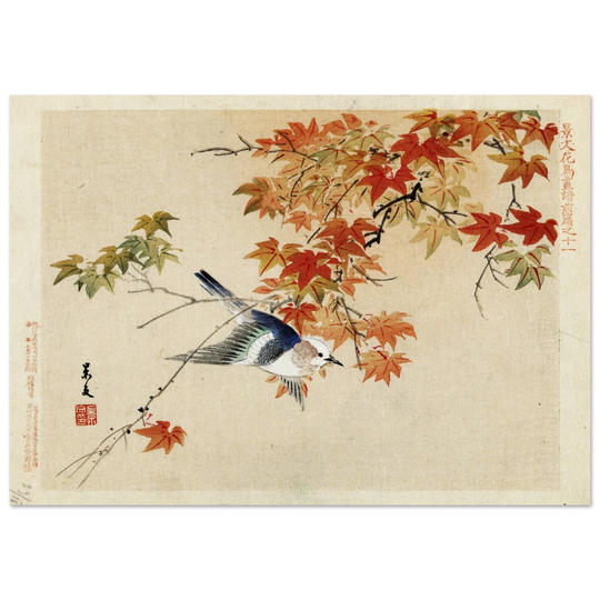 Bird flying at autumn branches by Matsumura Keibun, 1892 .