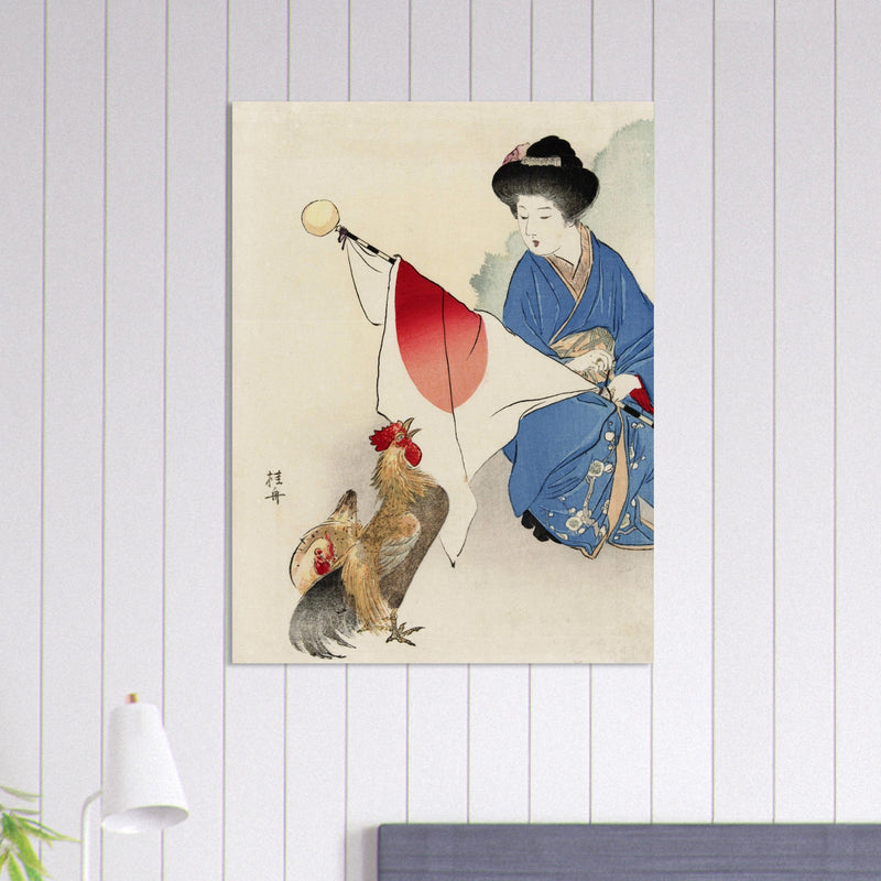 Woman with Japanese flag and a rooster by Takeuchi Keishu