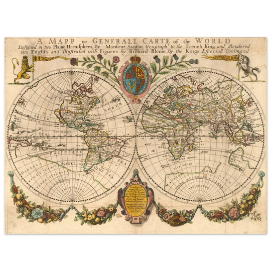 Antique world map poster reproduction by Richard Blome 1670