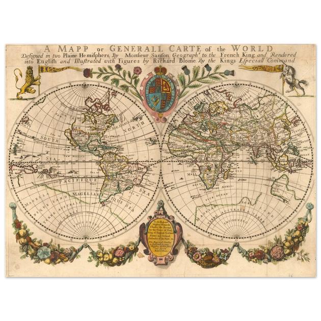 Antique world map poster reproduction by Richard Blome 1670
