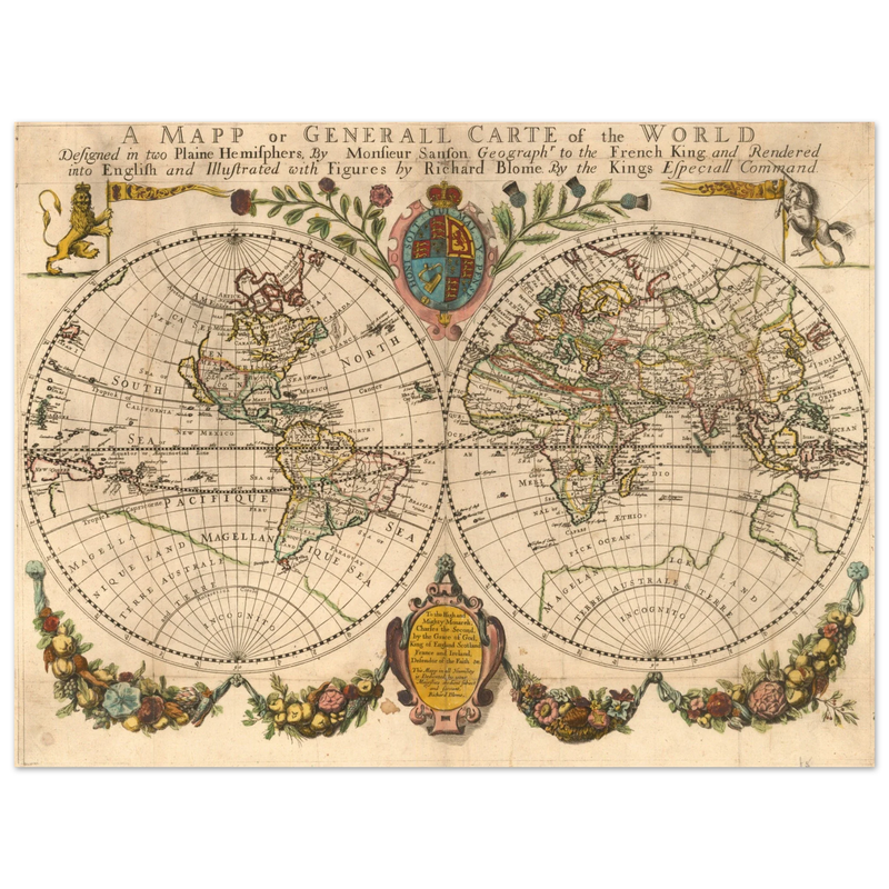 Antique world map poster reproduction by Richard Blome 1670
