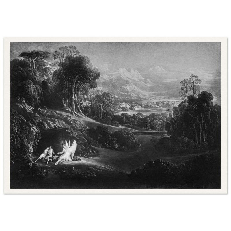 John Martin Paradise Lost vintage mezzoting engraving . Raphael Conversing with Adam and Eve .