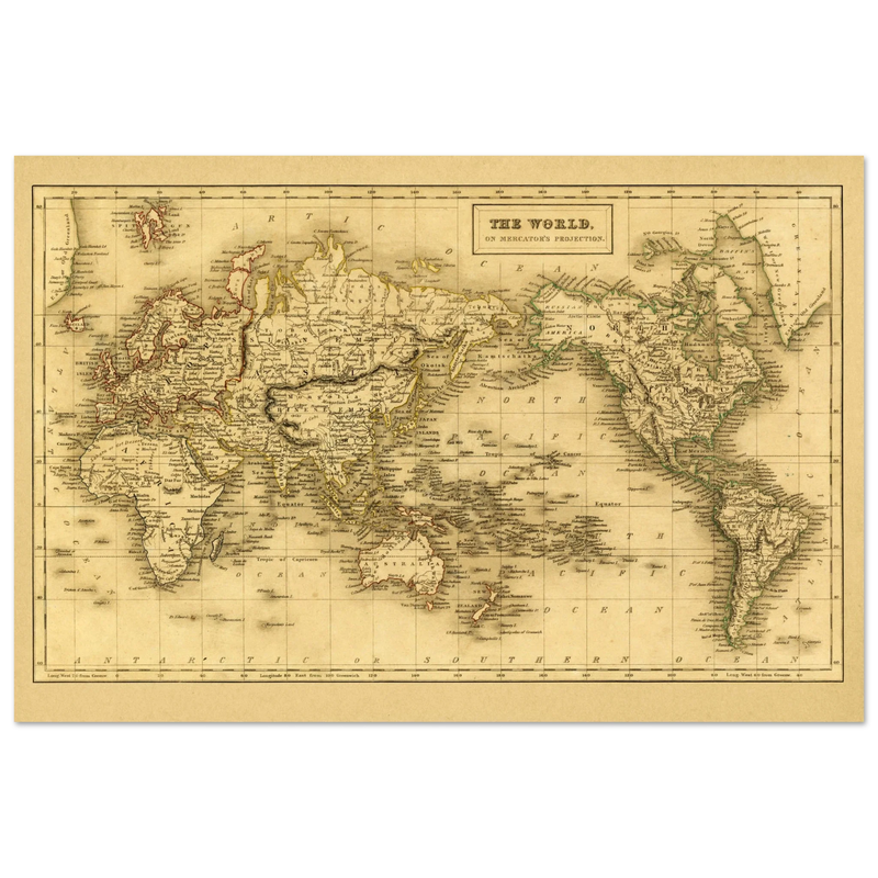 Ancient map of the world. The world on Mercator projection
