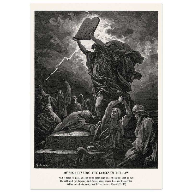 Gustave Dore The Bible engraving print . Moses breaking the Tables of the Law .