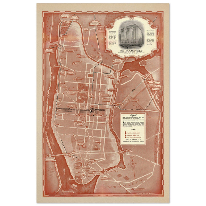 1938 New York City map. Created as an advertisement for the Roosevelt Hotel it includes major streets of Manhattan