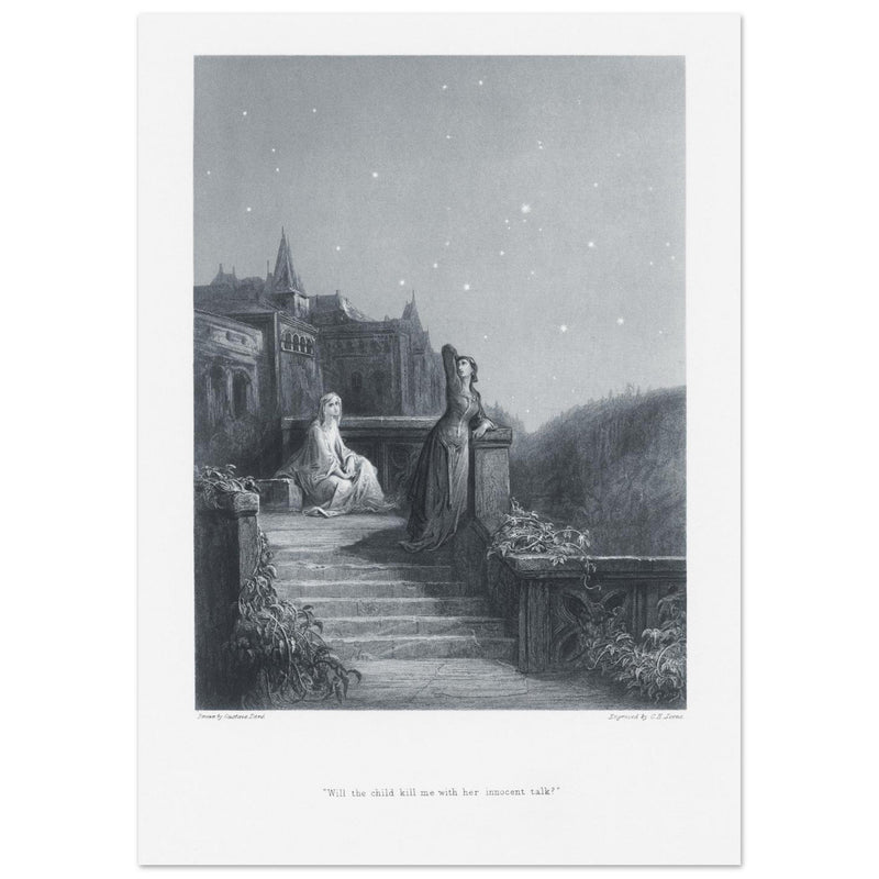 Gustave Dore illustration of King Arthur legend . Terrace scene with Guinevere. From the book Idylls of the King by Alfred Tennyson.