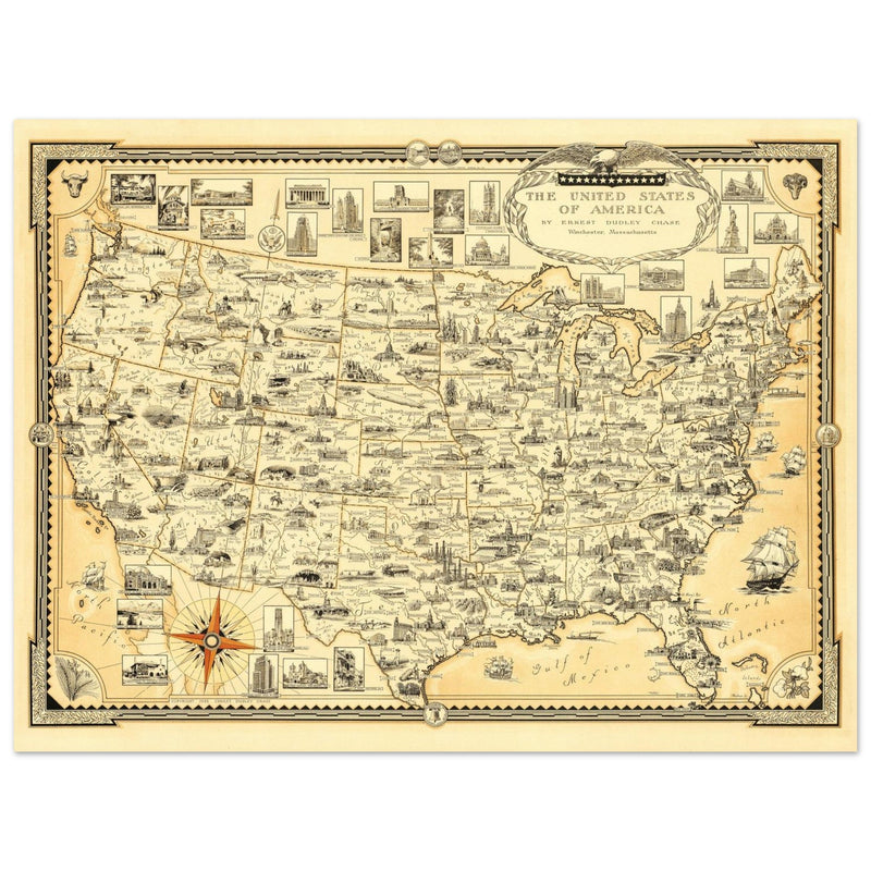 United States of America vintage map by Ernest Dudley Chase celebrating landmarks and national symbols of identity.
