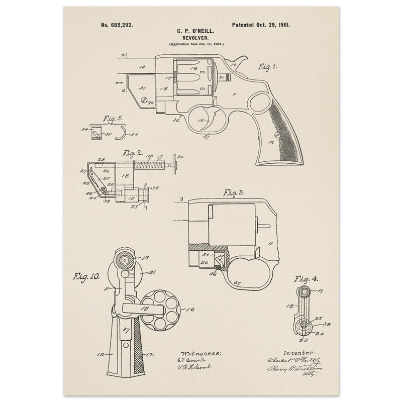 Vintage revolver patent by C P O'Neill.