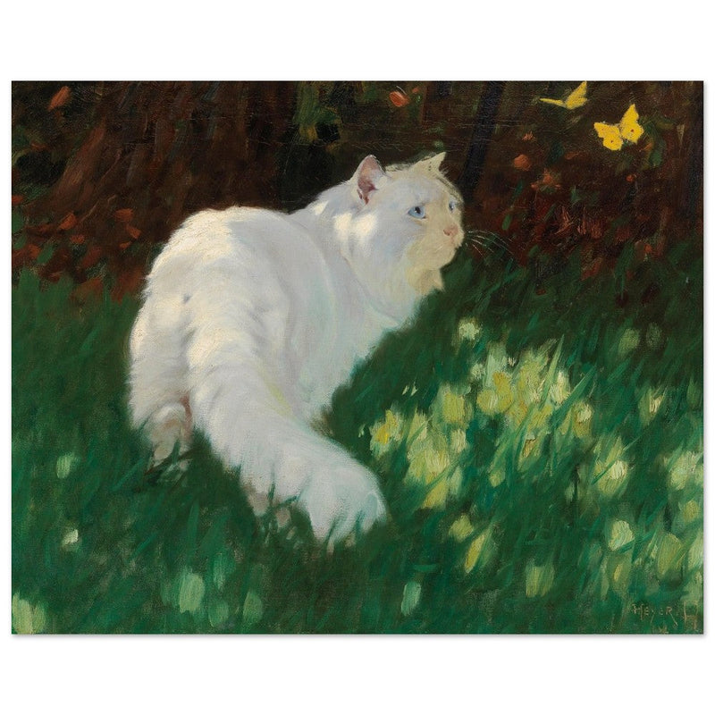 White Cat and Butterflies old painting by Arthur Heyer .