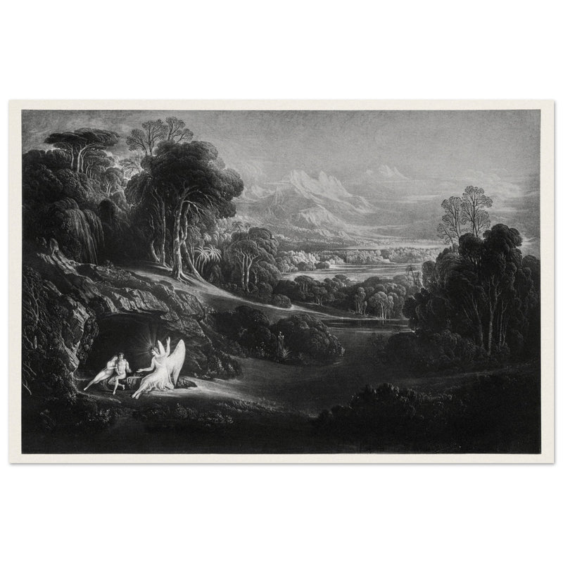 John Martin Paradise Lost vintage mezzoting engraving . Raphael Conversing with Adam and Eve .