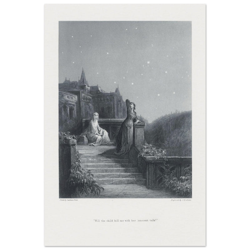 Gustave Dore illustration of King Arthur legend . Terrace scene with Guinevere. From the book Idylls of the King by Alfred Tennyson.