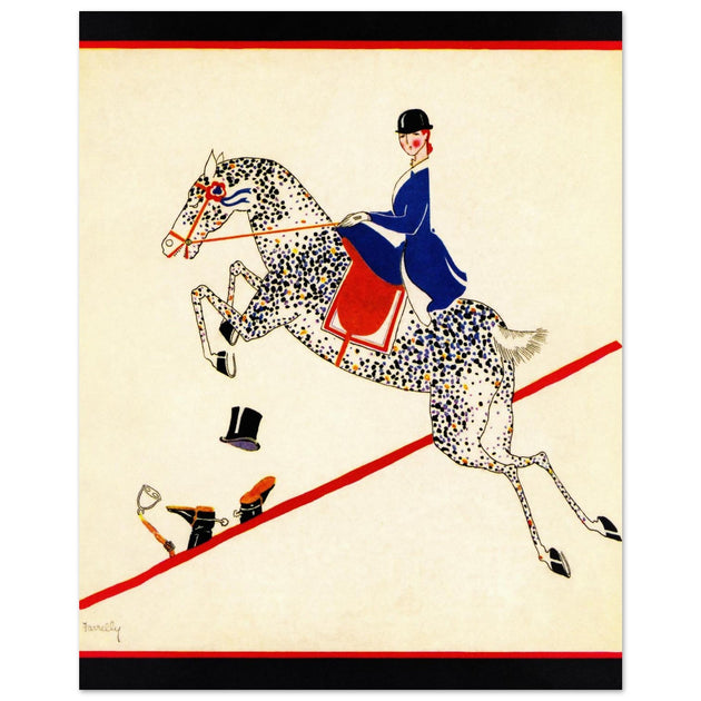 Aline Farrelly illustration for vintage fashion magazine cover woman on horse jumps over fence.