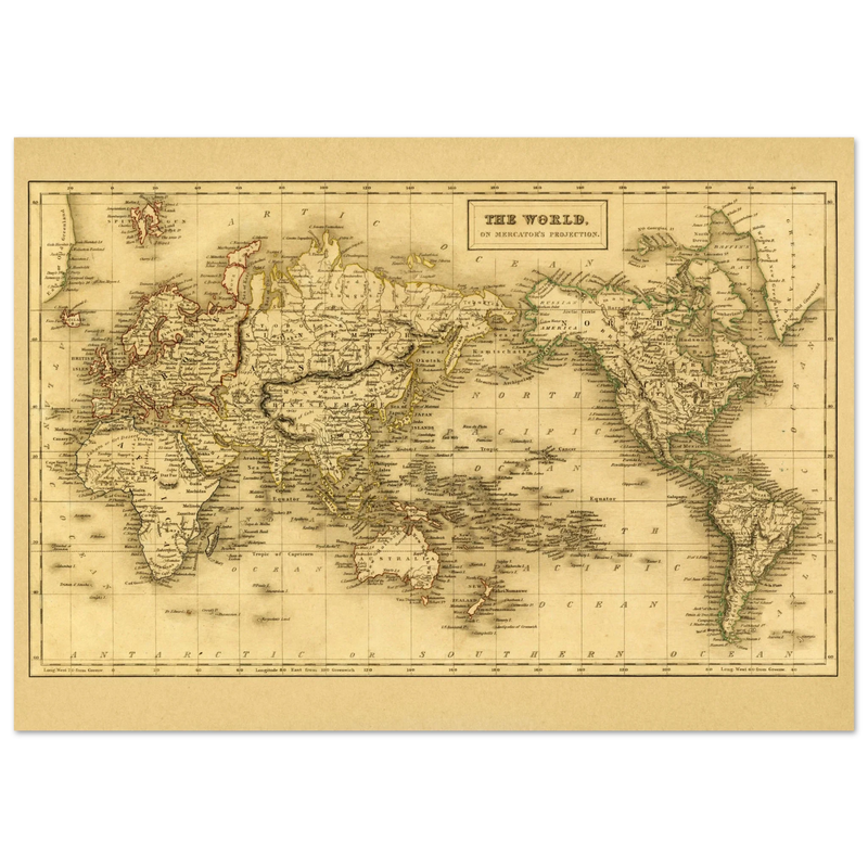 Ancient map of the world. The world on Mercator projection
