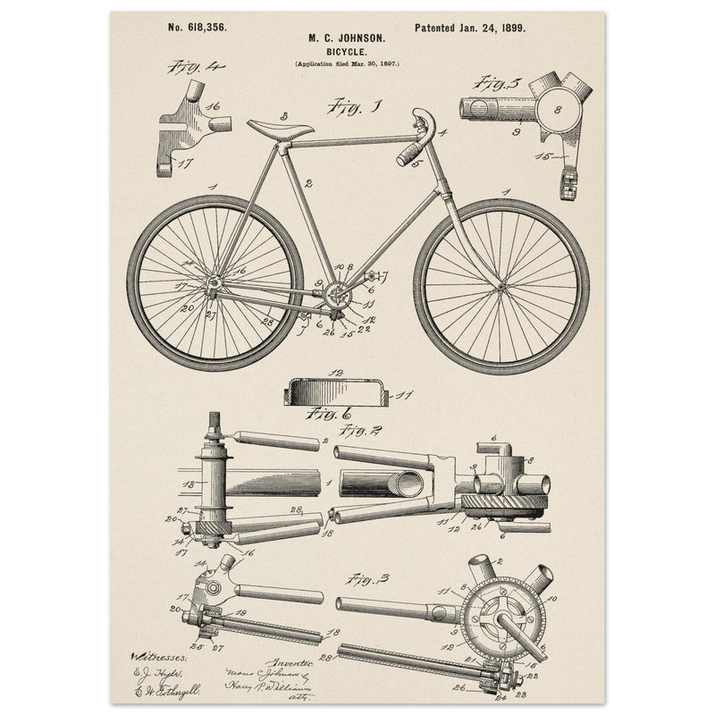 Vintage bicycle patent 1899 by M. C Johnson.