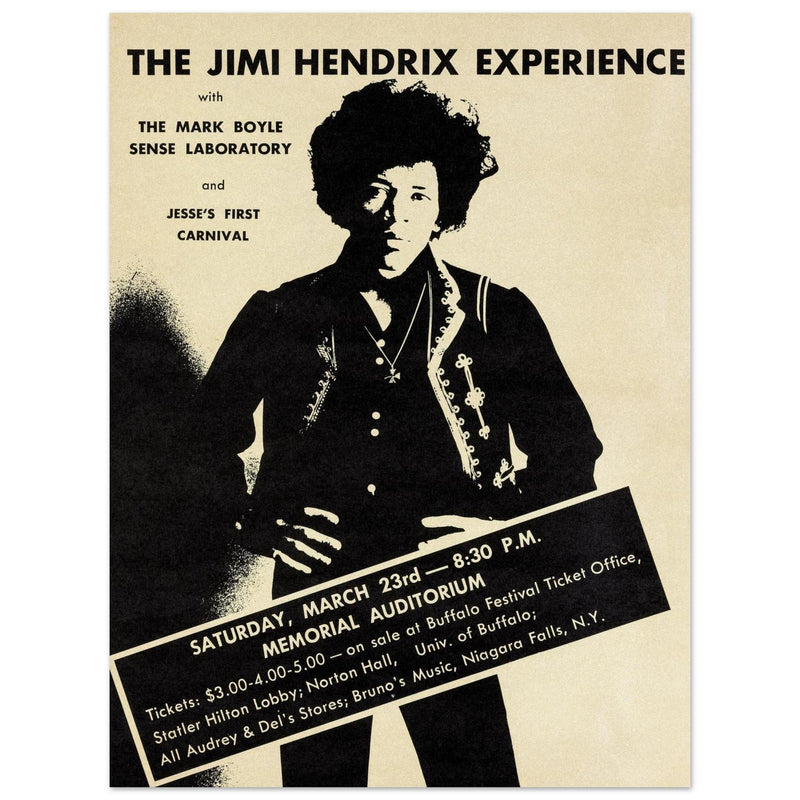 Jimi Hendrix experience music poster. Performance in the Memorial Auditorium Buffalo New York.