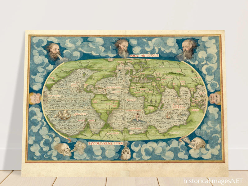Ancient vintage old map of the world poster reproduction by Guillaume Le Testu 1555