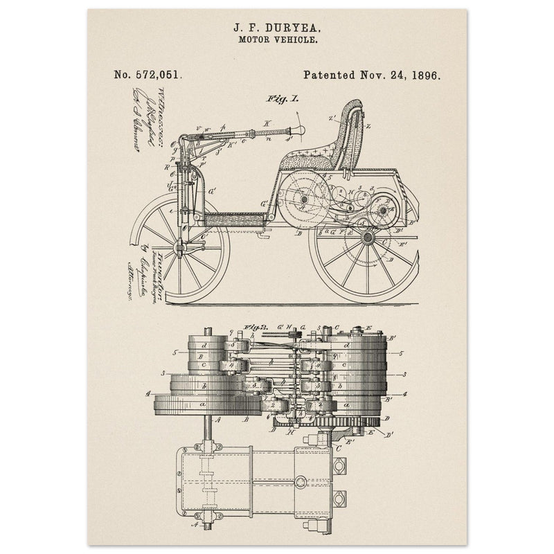 Motor Vehicle patent drawing by James Frank Duryea.