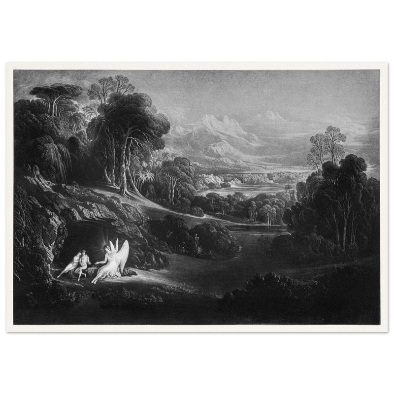 John Martin Paradise Lost vintage mezzoting engraving . Raphael Conversing with Adam and Eve .