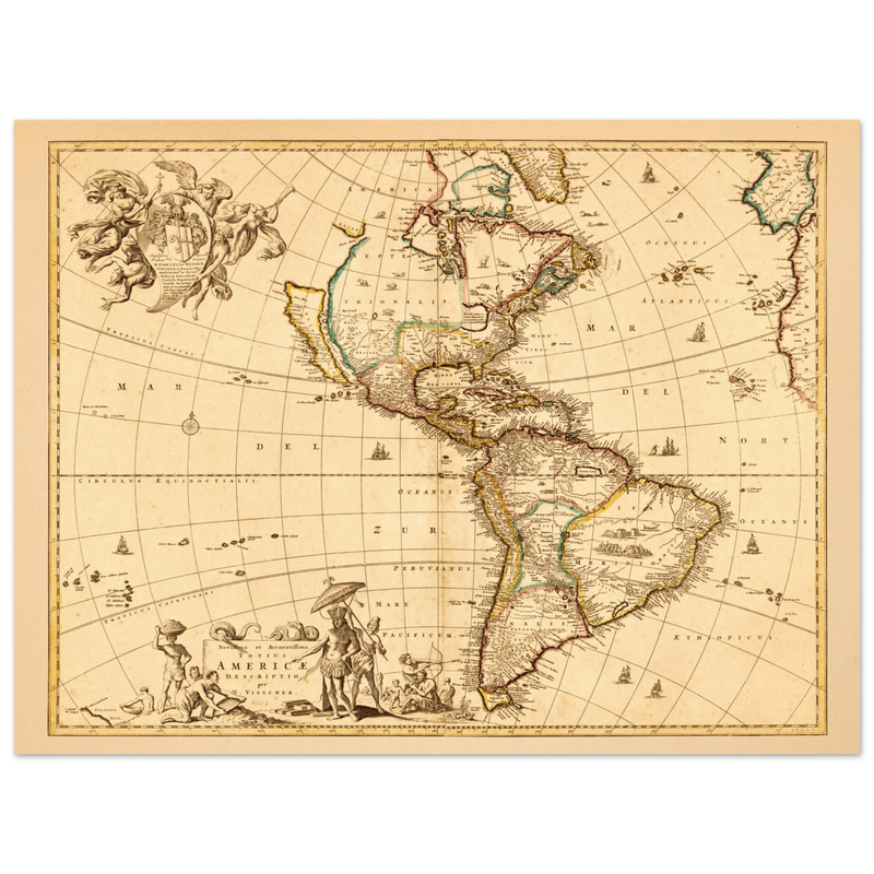 America ancient map. Novissima et accuratissima totius Americae descriptio by Nicolaes Visscher