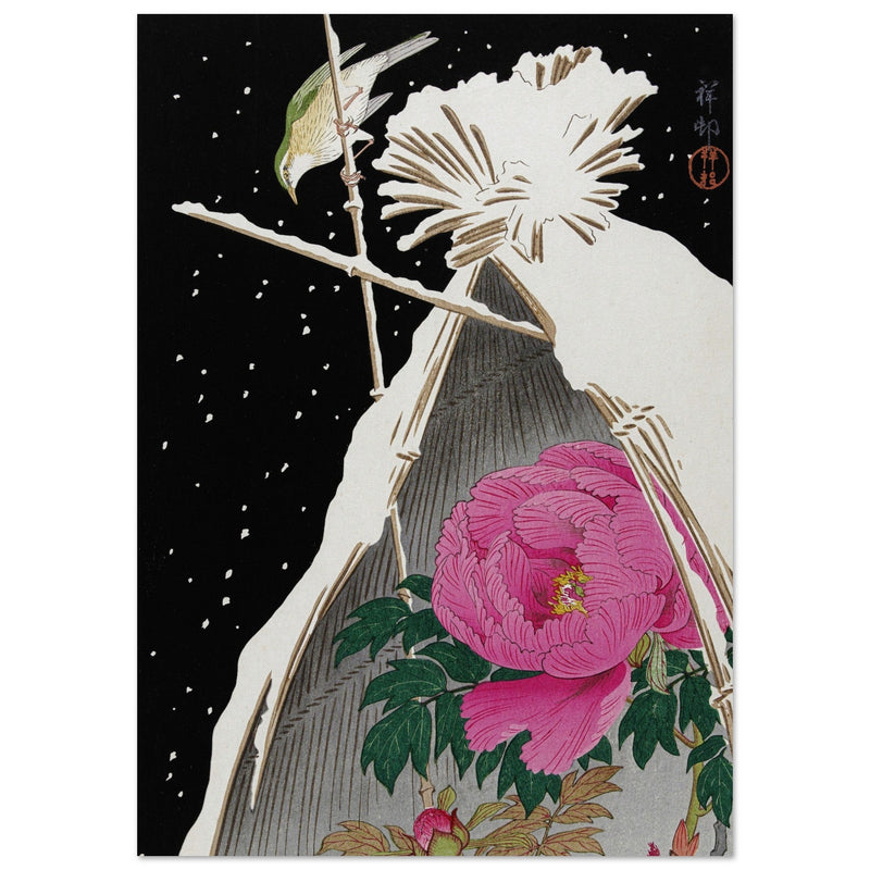 Siberian Bluechat next to a Peony sheltered by a Snowcovered Hay Sheaf by Ohara Koson, Woodblock print reproduction, Fine Art,