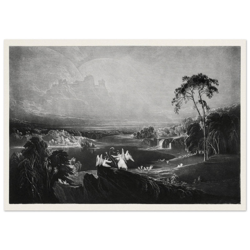 John Martin Paradise Lost Heaven – the Rivers of Bliss. Vintage mezzotint engraving .
