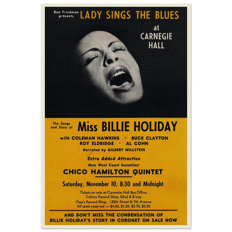 Billie Holiday music poster of her concert at Carnegie Hall in 1956.
