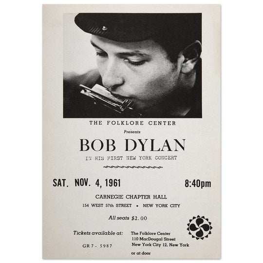 Bob Dylan concert poster in Carnegie Chapter Hall 1961.