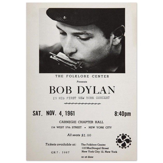 Bob Dylan concert poster in Carnegie Chapter Hall 1961.