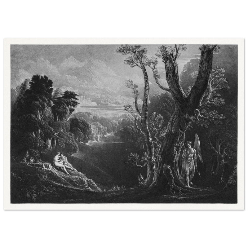 John Martin mezzotint engraving . Satan Contemplating Adam and Eve in Paradise. Paradise Lost by Milton.