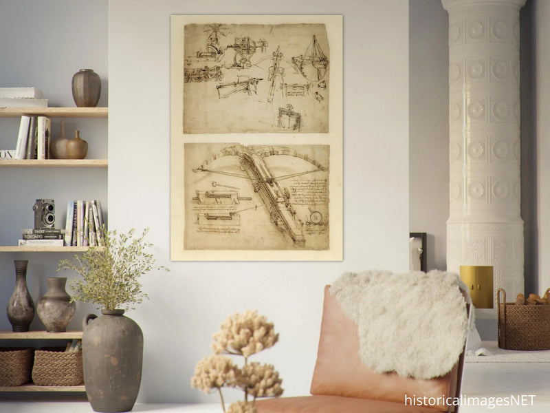 Leonardo da Vinci Atlantic Codex (Codex Atlanticus) Giant crossbow drawing reproduction.