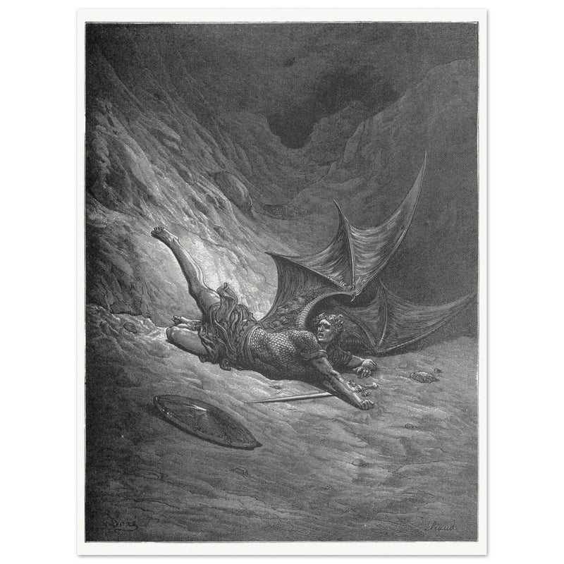 Gustave Dore Paradise Lost engraving . Satan wounded in battle experiences pain for the first time.