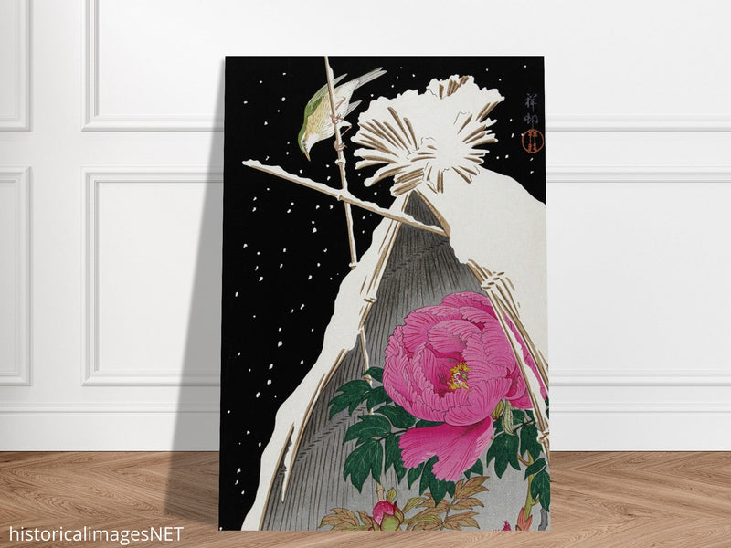 Siberian Bluechat next to a Peony sheltered by a Snowcovered Hay Sheaf by Ohara Koson, Woodblock print reproduction, Fine Art,