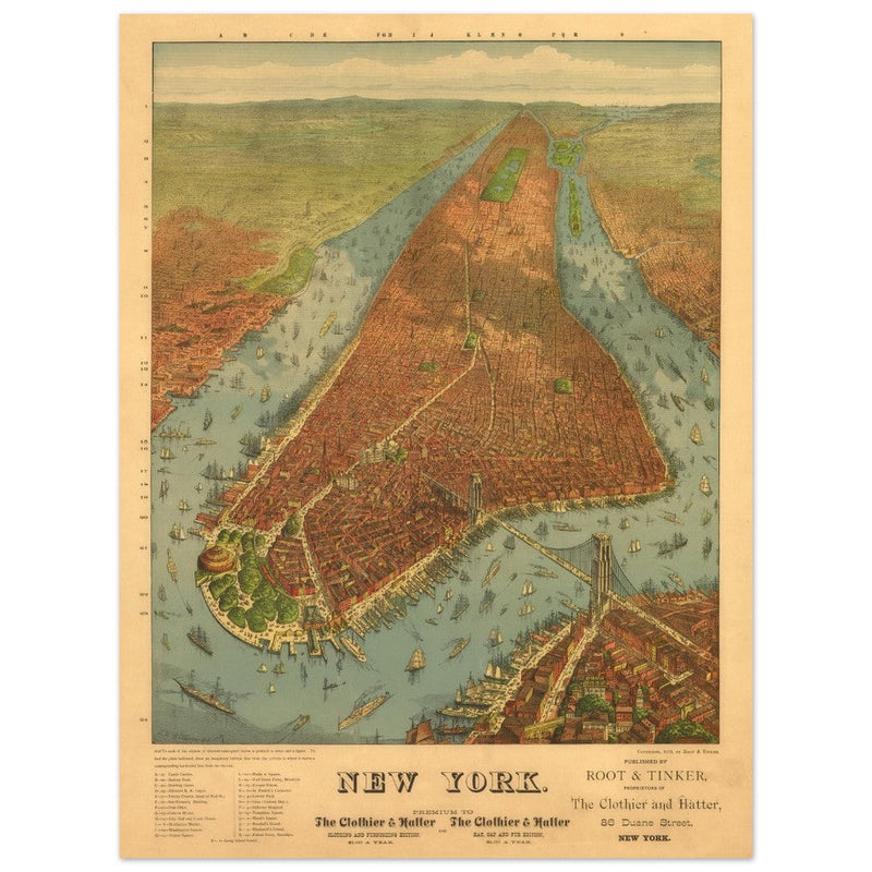 New York City vintage historic aerial view. Antique print  of Manhattan and the Hudson and East river.