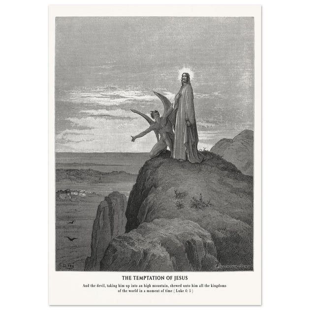 Gustave Dore The Bible engraving print . The temptation of Jesus illustration .