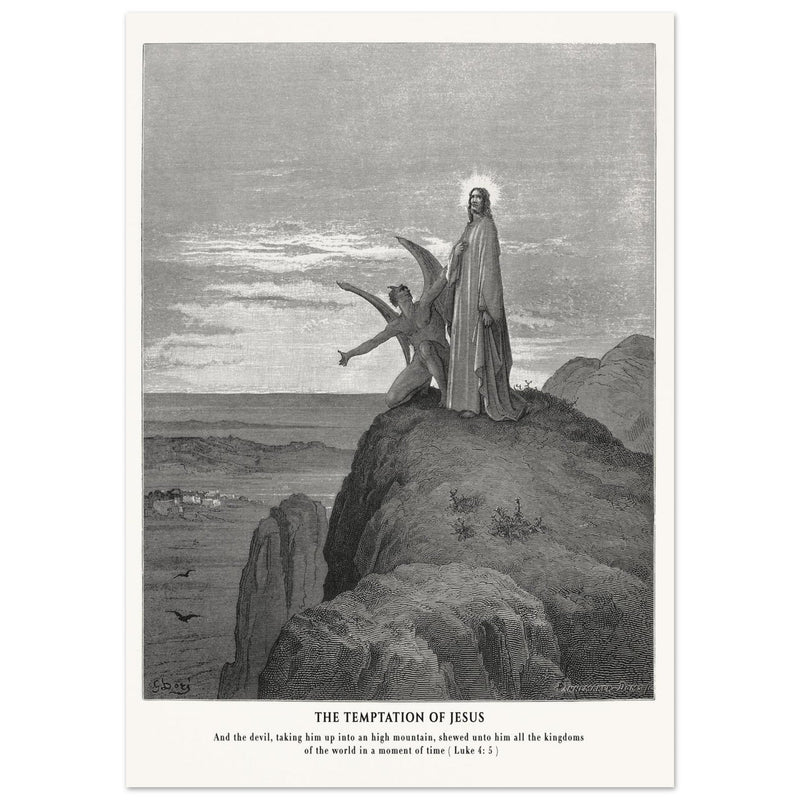 Gustave Dore The Bible engraving print . The temptation of Jesus illustration .