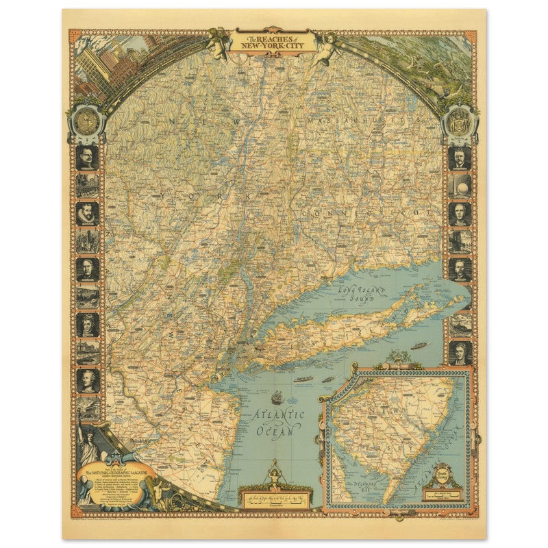 1939 New York City vintage map . High detail map of the Northeast of the United States.