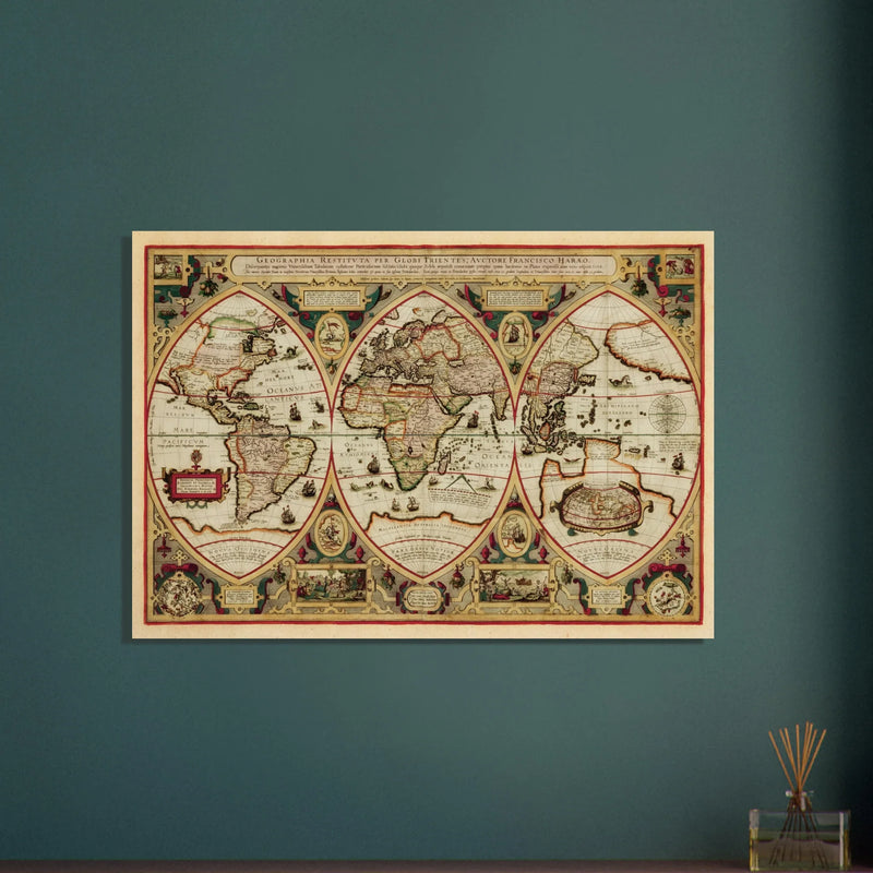 Ancient old world map of 1618. Geographica restituta per globi trientes by Franciscus Haraeus