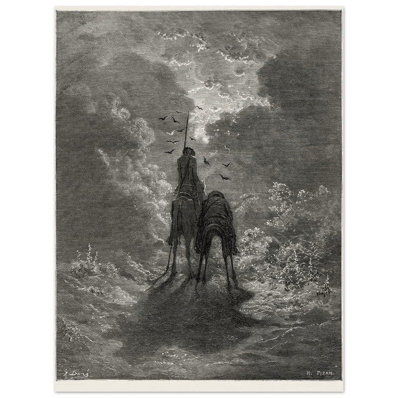 Don Quixote riding with Sancho Panza illustration by Gustave Dore.
